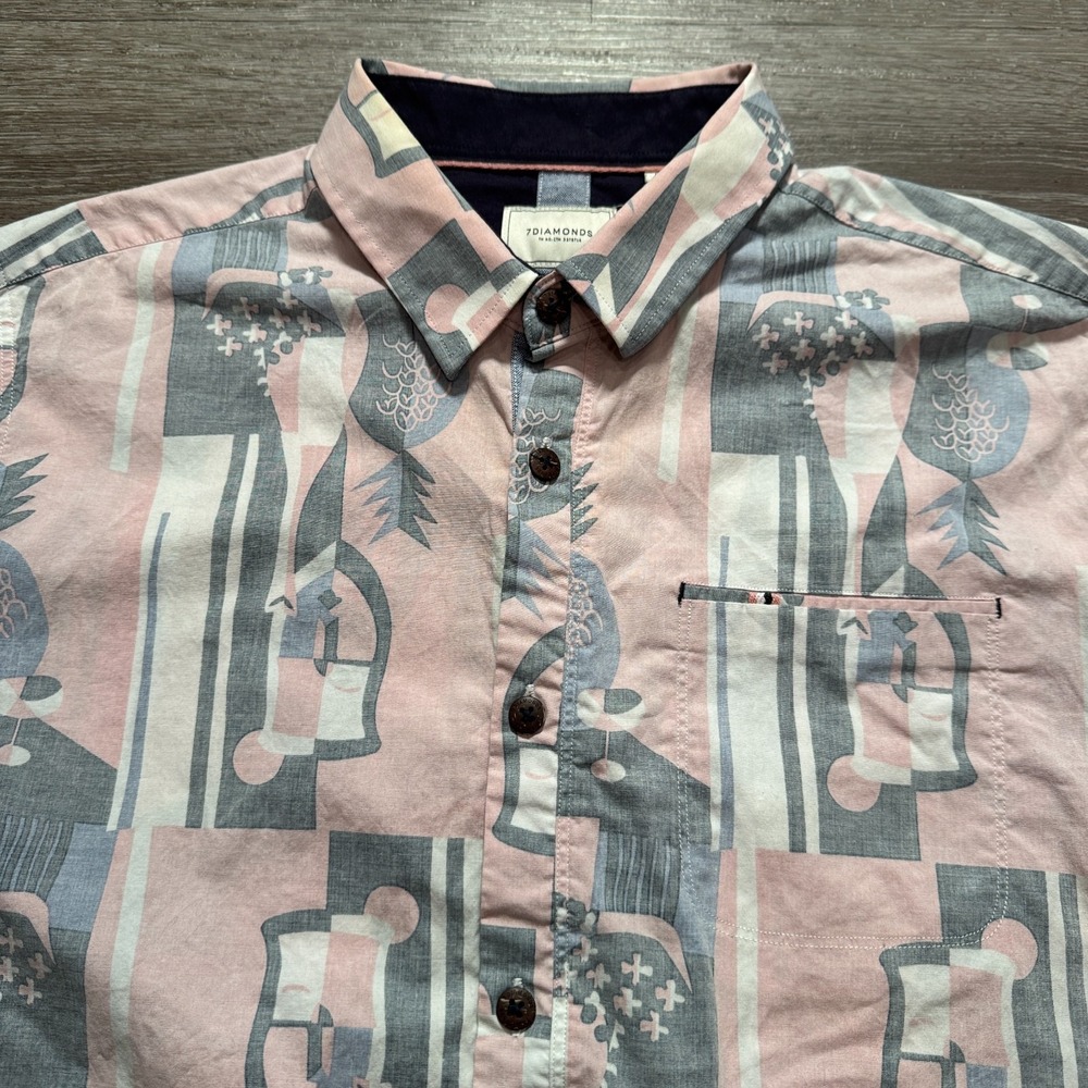 7Diamonds Shirt Men L Pink Cotton Spandex Pineapple Abstract Summer Beach Casual